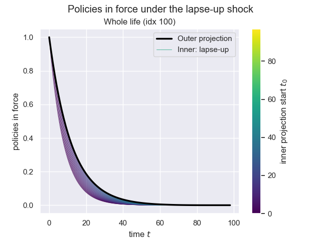 Policies in force under the lapse-up shock, Whole life (idx 100)