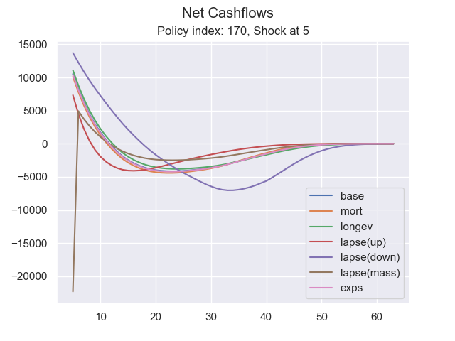 Net Cashflows, Policy index: 170, Shock at 5
